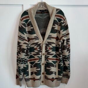 Shawl Collar Cardigan Sweater - Beige with Green & Brown Aztec Pattern